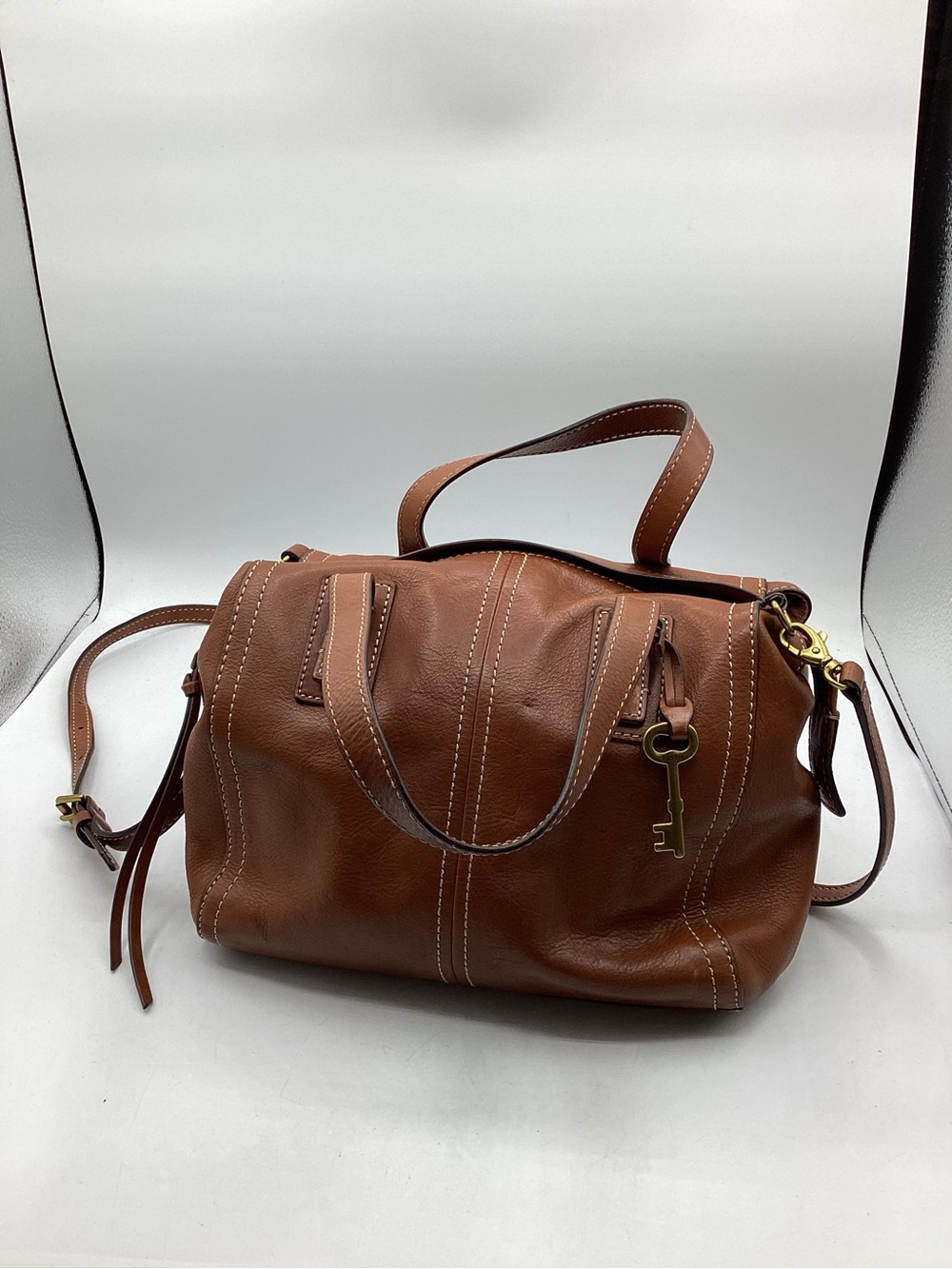 Fossil Emma Satchel Leather Shoulder Bag in Cognac Brown